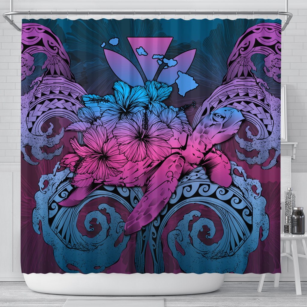 Hawaii Turtle Wave Polynesian Shower Curtain - Hey Style Blue - AH 177 x 172 (cm) Black - Polynesian Pride