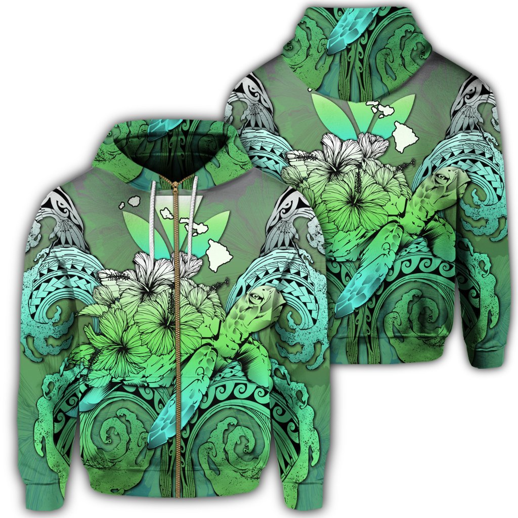 Hawaii Turtle Wave Polynesian Zip Hoodie Hey Style Green Unisex Art - Polynesian Pride