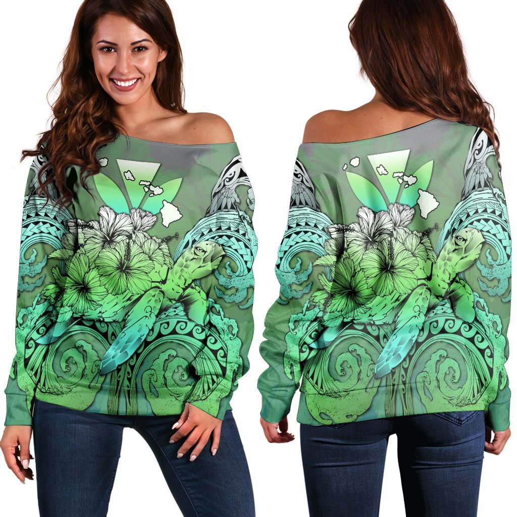 Hawaii Turtle Wave Polynesian Women's Off Shoulder Sweater - Hey Style Green - AH Black - Polynesian Pride