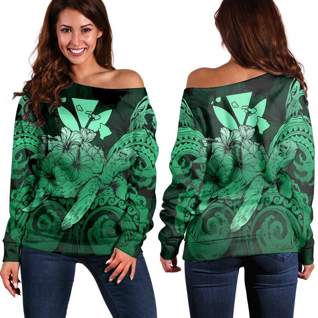 Hawaii Turtle Wave Polynesian Women's Off Shoulder Sweater - Hey Style Green Pastel - AH Black - Polynesian Pride