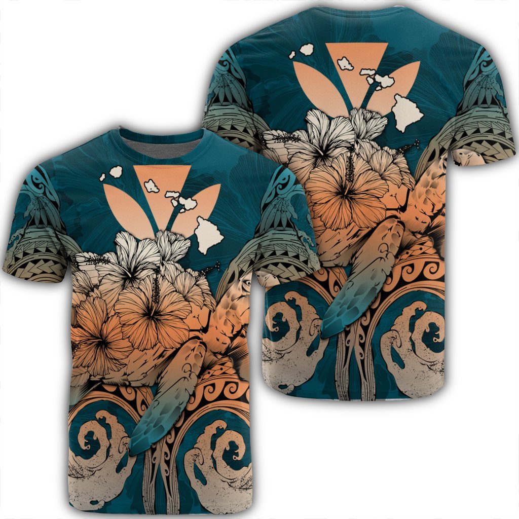 Hawaii Turtle Wave Polynesian T Shirt Hey Style Orange Unisex Black - Polynesian Pride