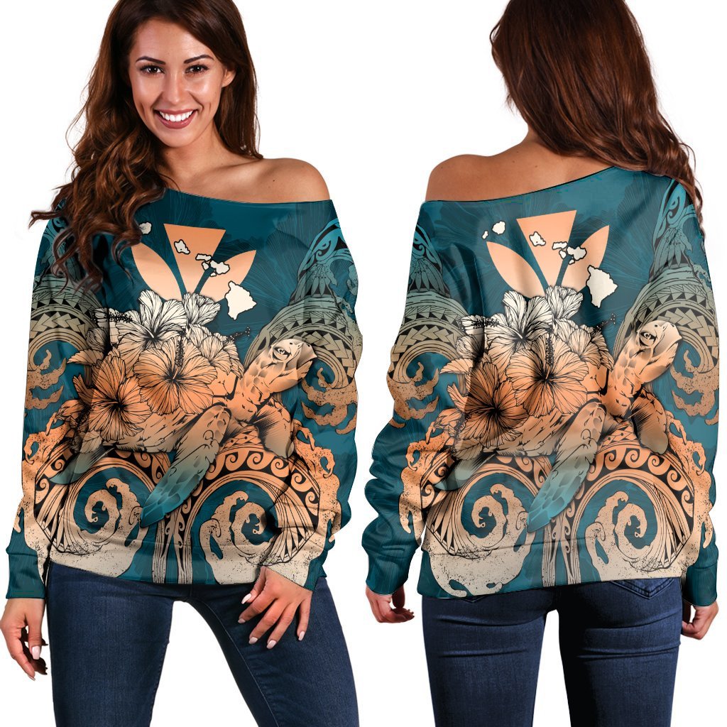 Hawaii Turtle Wave Polynesian Women's Off Shoulder Sweater - Hey Style Orange - AH Black - Polynesian Pride