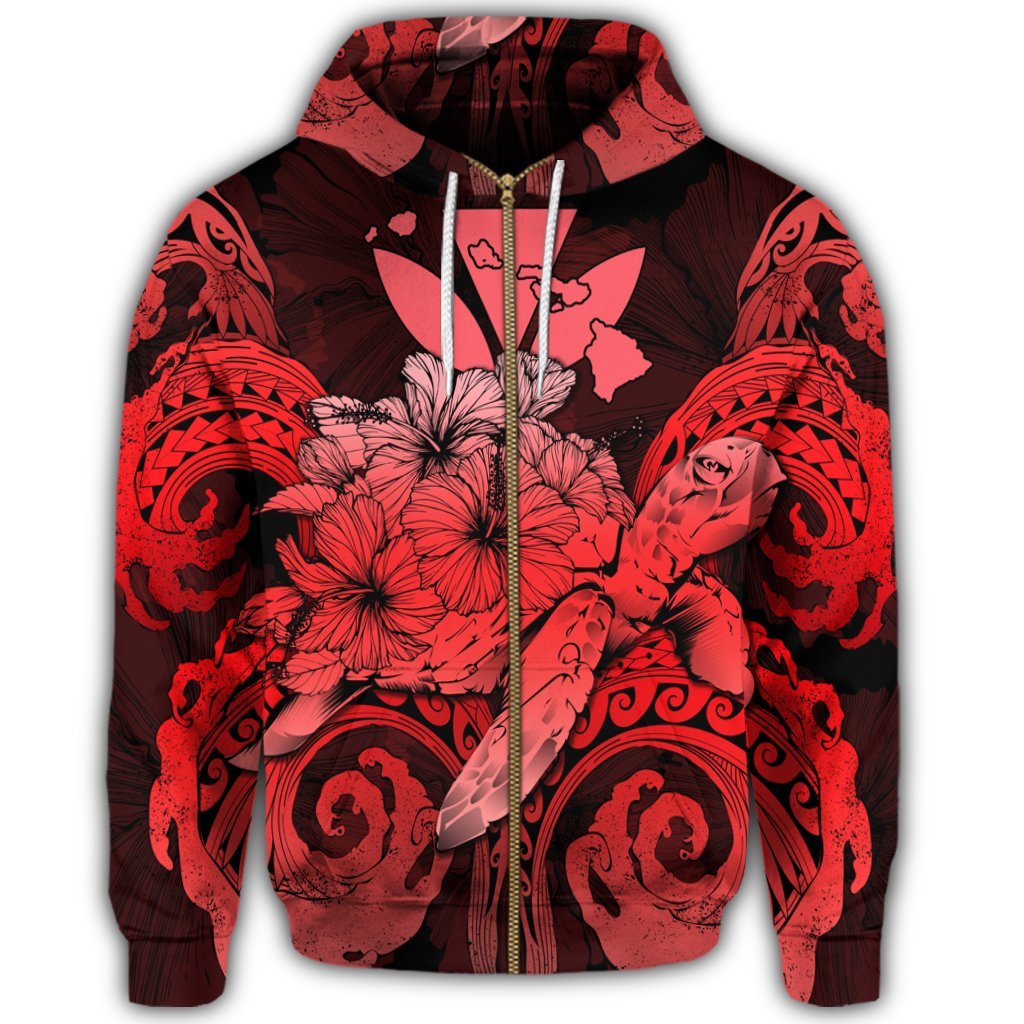 Hawaii Turtle Wave Polynesian Zip Hoodie Hey Style Red - Polynesian Pride