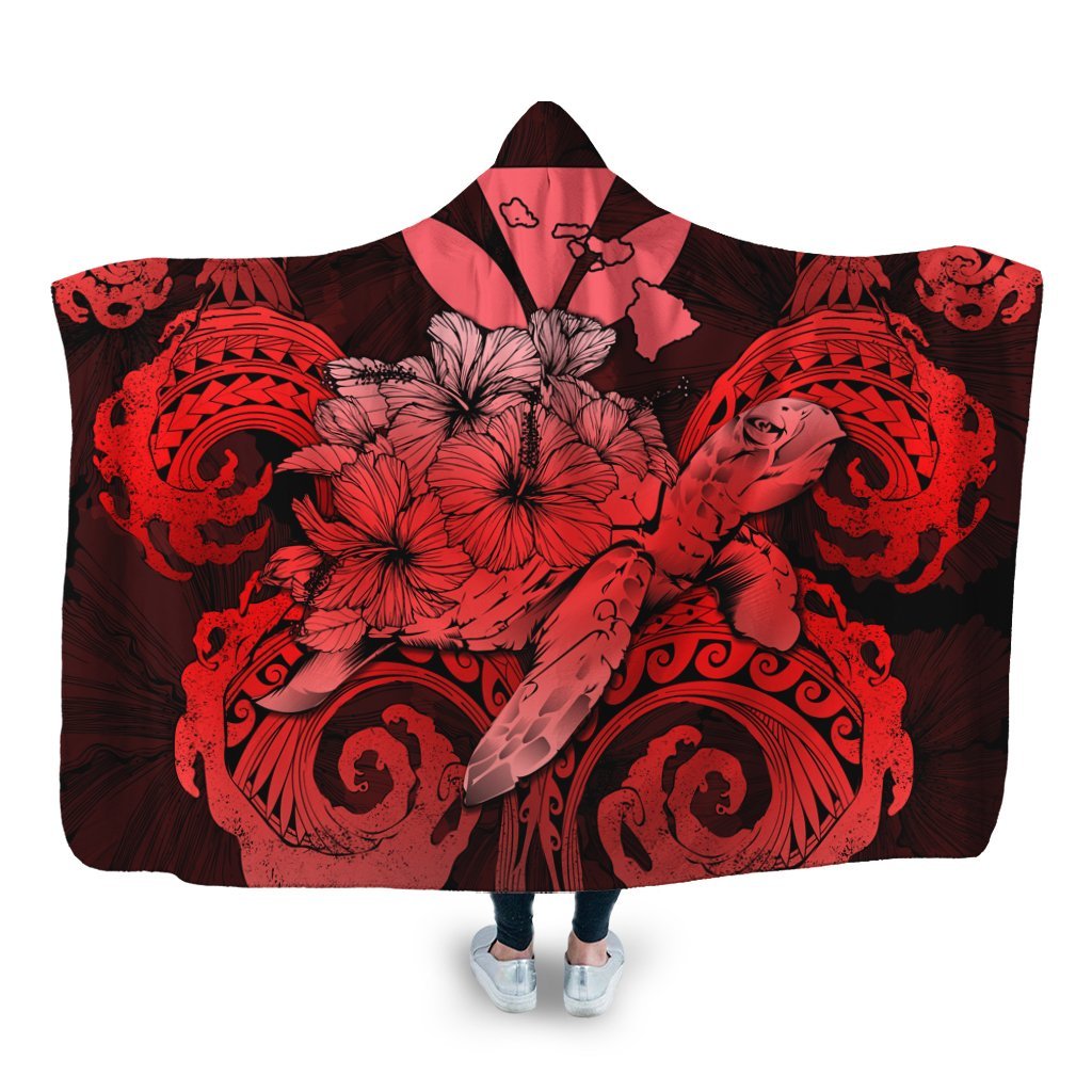 Hawaii Turtle Wave Polynesian Hooded Blanket - Hey Style Red - AH Hooded Blanket White - Polynesian Pride