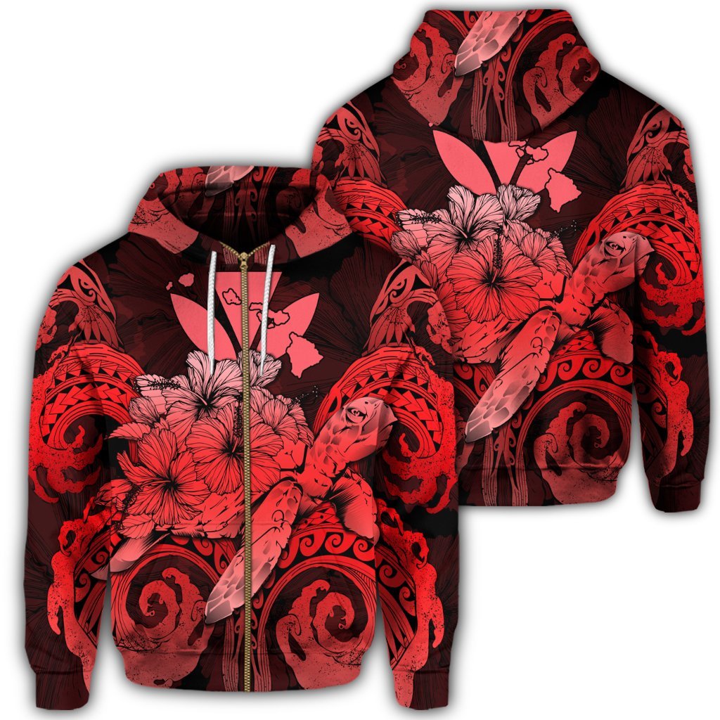 Hawaii Turtle Wave Polynesian Zip Hoodie Hey Style Red Unisex Art - Polynesian Pride