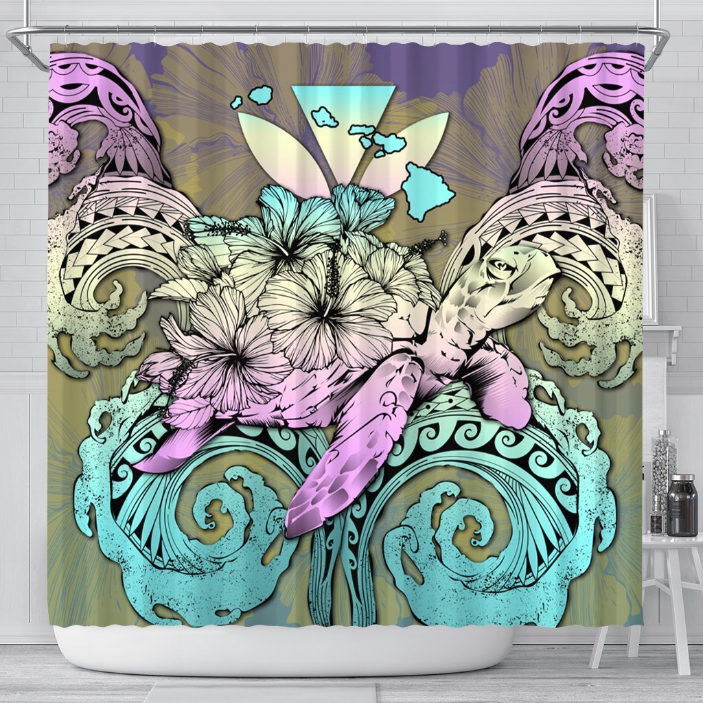 Hawaii Turtle Wave Polynesian Shower Curtain - Hey Style Yellow - AH 177 x 172 (cm) Black - Polynesian Pride