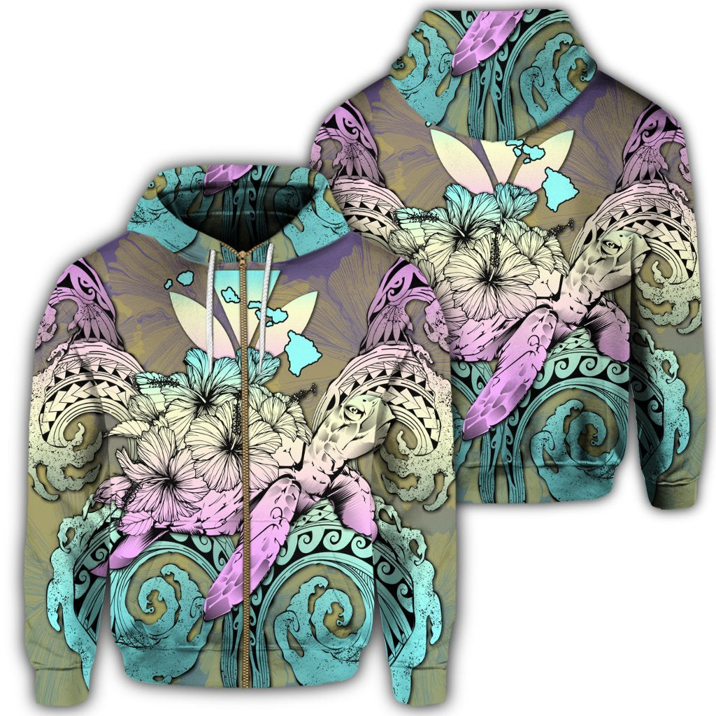 Hawaii Turtle Wave Polynesian Zip Hoodie Hey Style Yellow Unisex Art - Polynesian Pride