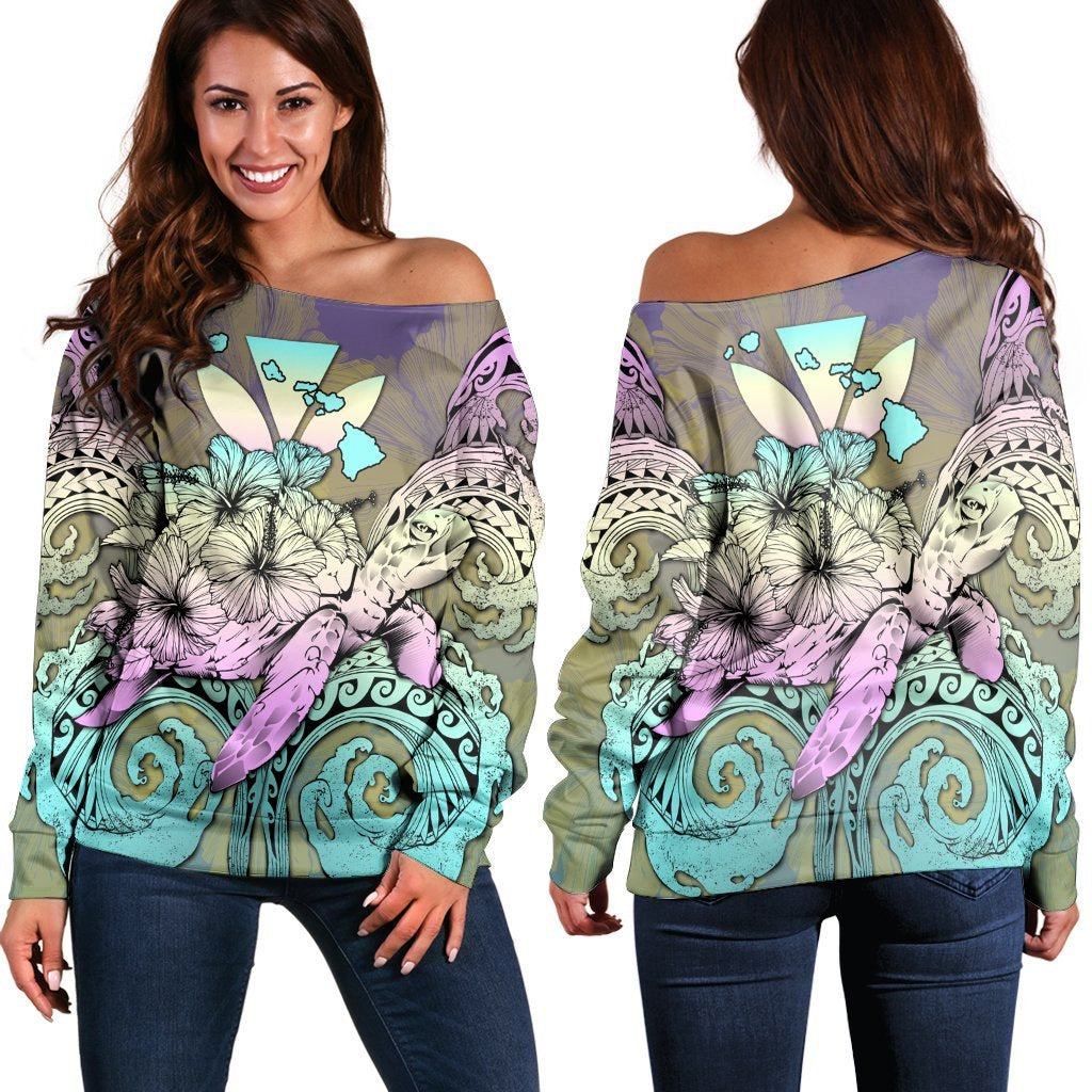 Hawaii Turtle Wave Polynesian Women's Off Shoulder Sweater - Hey Style Yellow - AH Black - Polynesian Pride