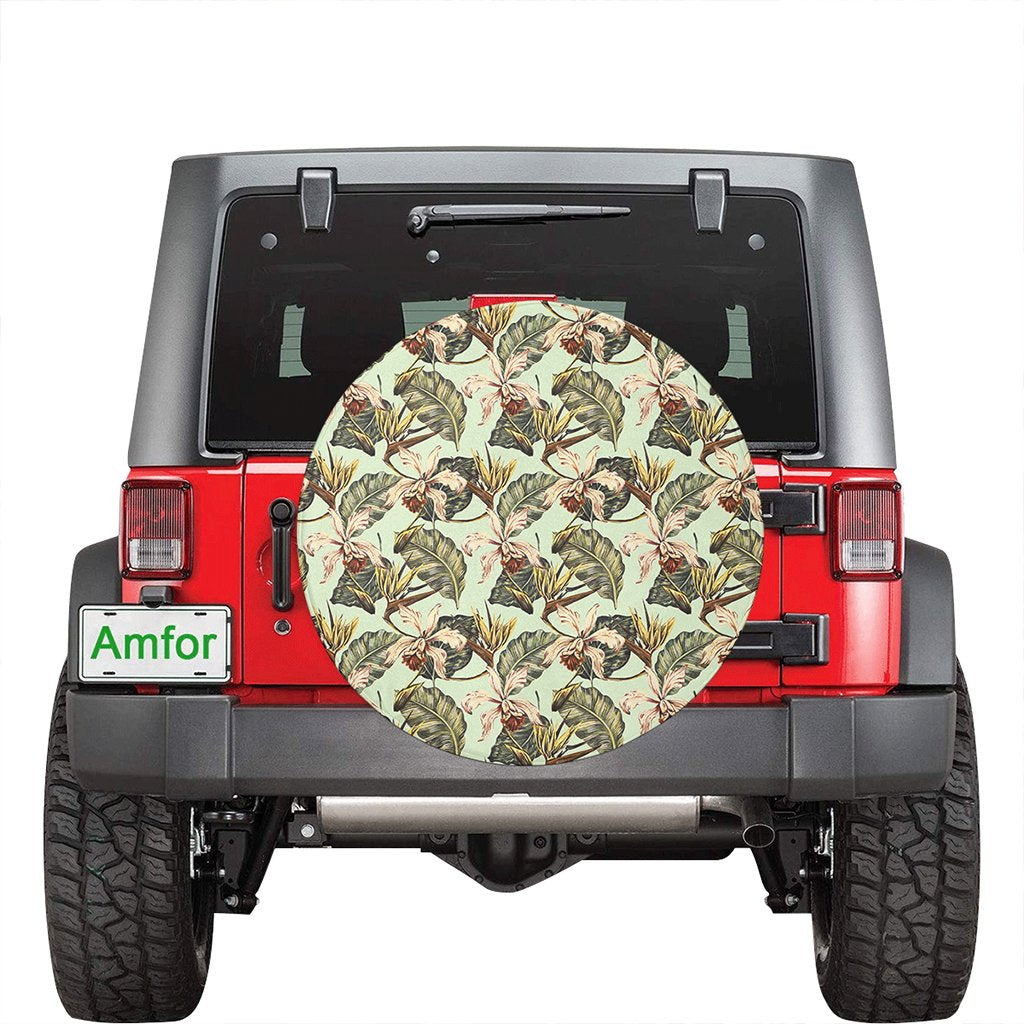 Hawaii Vintage Tropical Jungle Leaves Orchid Bird Hawaii Spare Tire Cover - Polynesian Pride