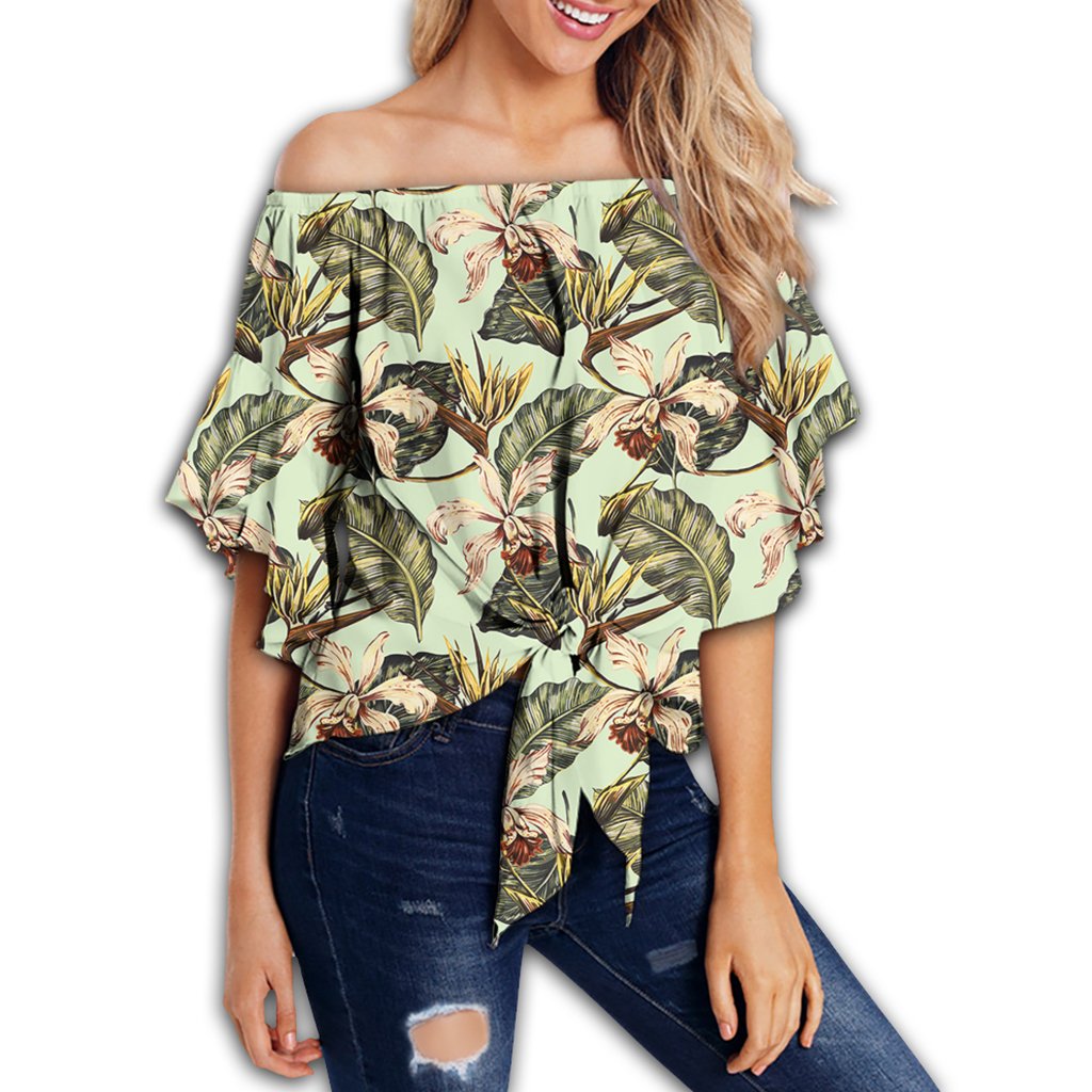 Hawaii Vintage Tropical Jungle Leaves Orchid Bird Women's Off Shoulder Wrap Waist Top - AH - Polynesian Pride