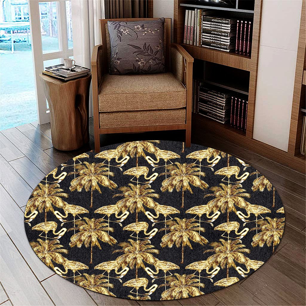 Hawaii Watercolor Flamingos Palm Trees Beautiful Seamless Round Carpet - AH Round Carpet Luxurious Plush - Polynesian Pride