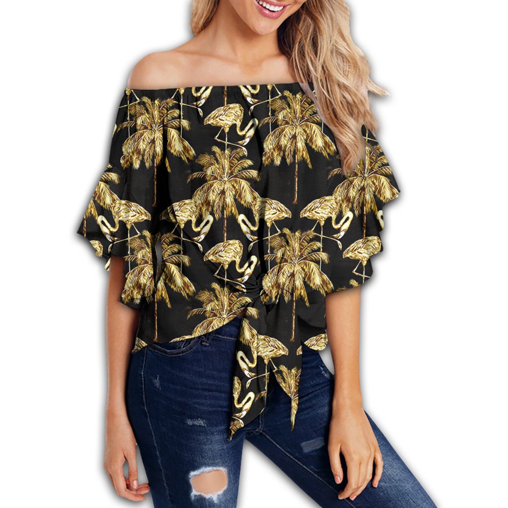 Hawaii Watercolor Flamingos Palm Trees Beautiful Seamless Women's Off Shoulder Wrap Waist Top - AH - Polynesian Pride