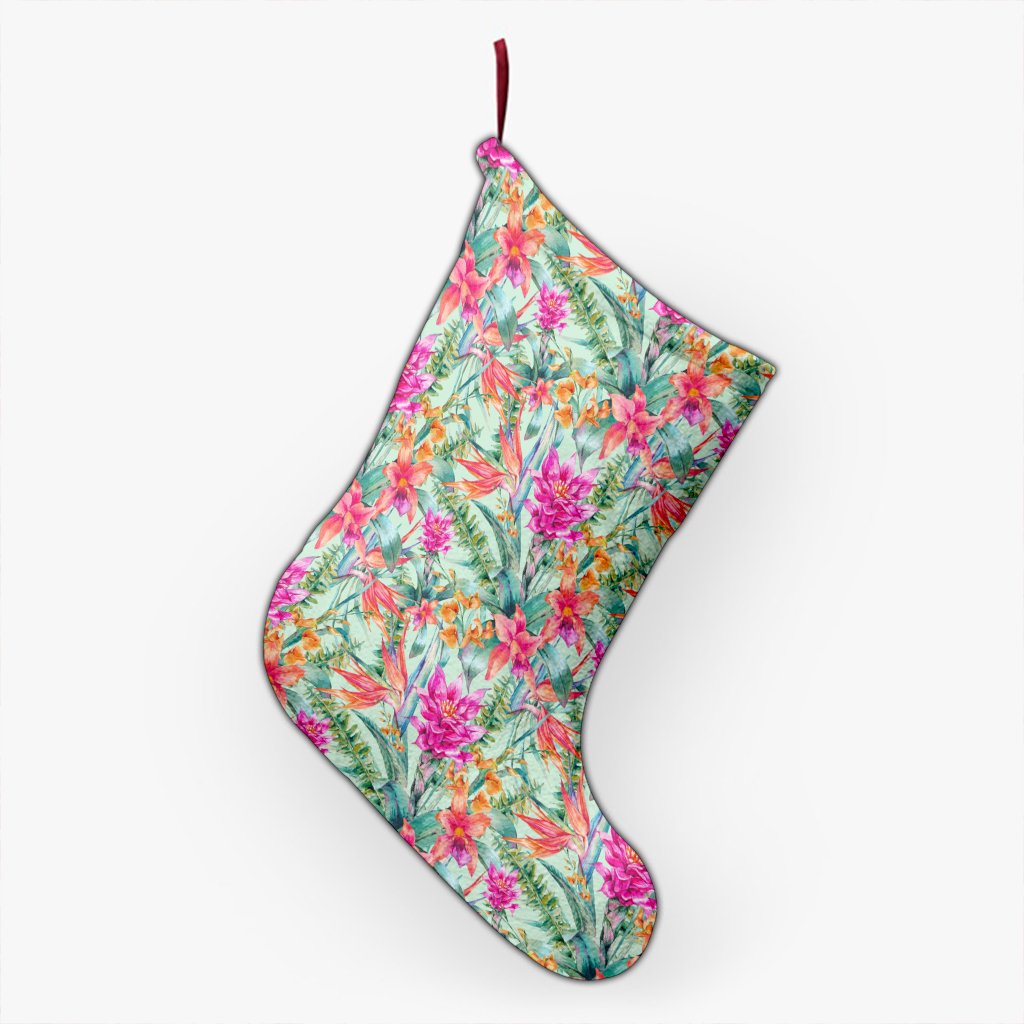 Hawaii Watercolor Vintage Floral Tropical Bird of Paradise Christmas Stocking 26 X 42 cm Black Christmas Stocking - Polynesian Pride