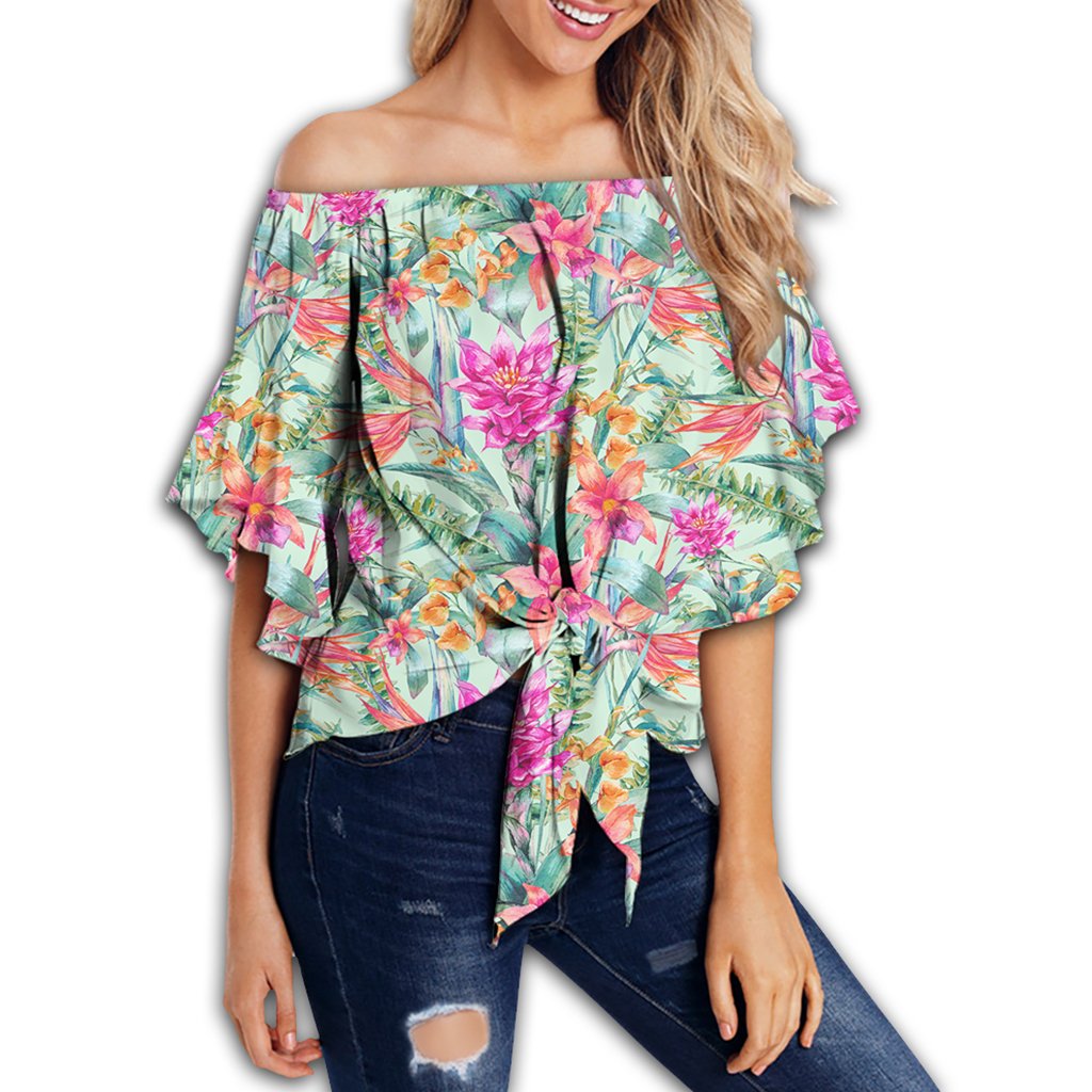 Hawaii Watercolor Vintage Floral Tropical Bird of Paradise Women's Off Shoulder Wrap Waist Top - AH - Polynesian Pride