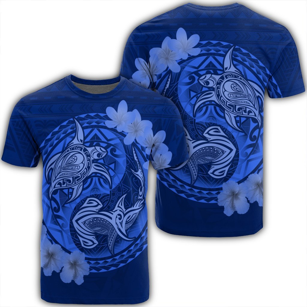 Hawaii Yin Yang Turtle Shark Hibiscus Plumeria T Shirt Blue Unisex Black - Polynesian Pride