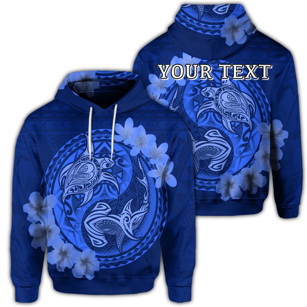 Custom Hawaii Yin Yang Turtle Shark Hibiscus Plumeria Hoodie Blue Unisex Art - Polynesian Pride