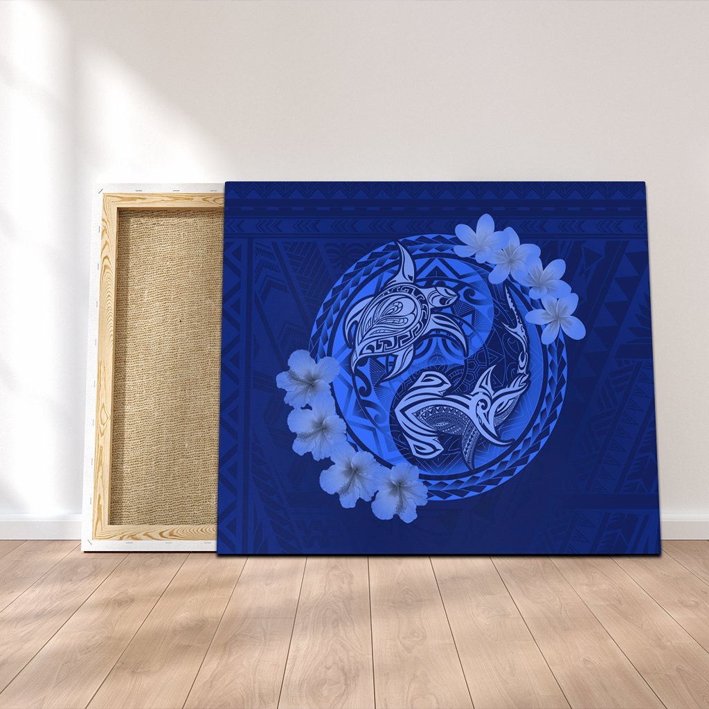 Hawaii Yin Yang Turtle Shark Hibiscus Plumeria Canvas - Blue - AH Canvas Poly-cotton - Polynesian Pride