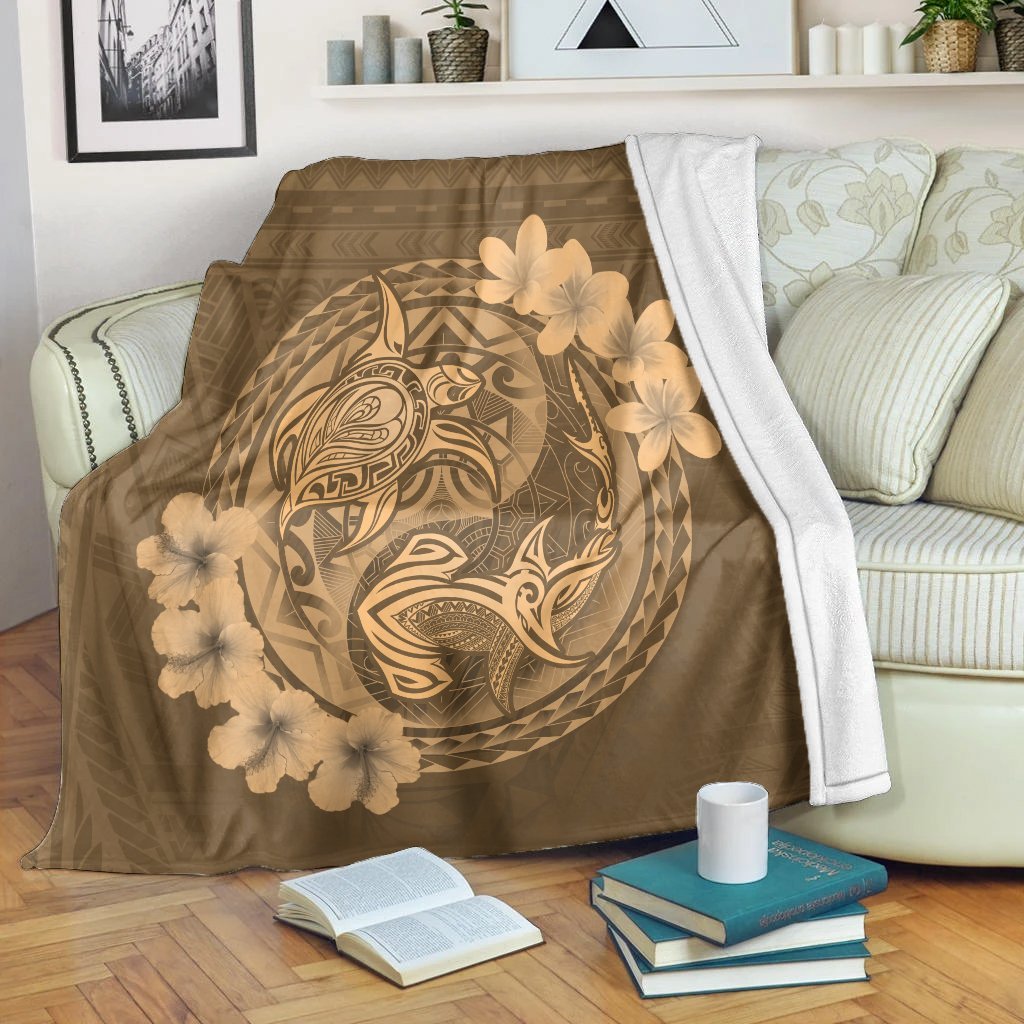 Hawaii Yin Yang Turtle Shark Hibiscus Plumeria Premium Blankets - Gold - AH White - Polynesian Pride