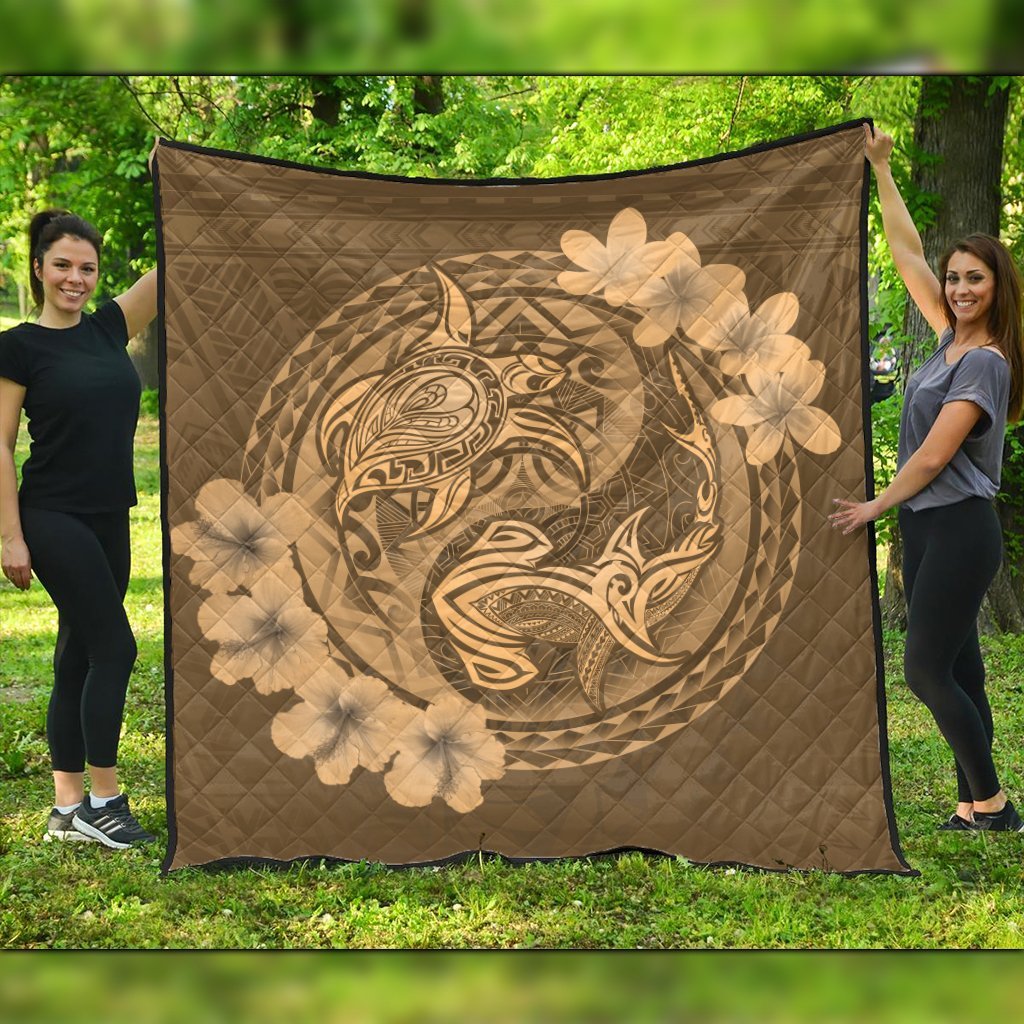 Hawaii Yin Yang Turtle Shark Hibiscus Plumeria Premium Quilts - Gold - AH Black - Polynesian Pride