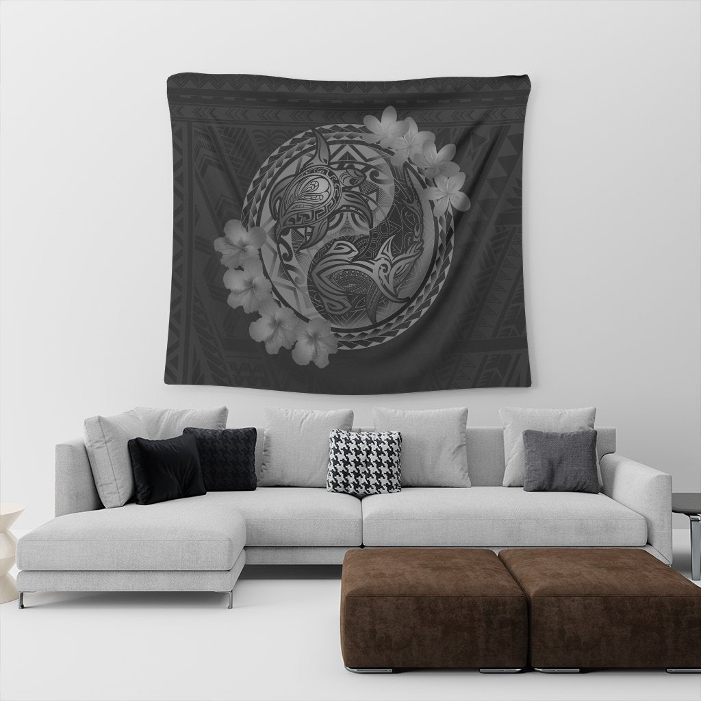 Hawaii Yin Yang Turtle Shark Hibiscus Plumeria Tapestry - Gray - AH - Polynesian Pride