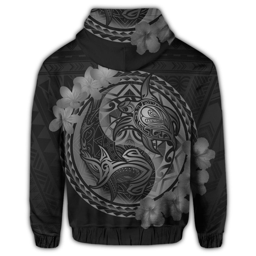 Hawaiian Yin Yang Turtle Shark Hibiscus Plumeria Hoodie Gray - Polynesian Pride