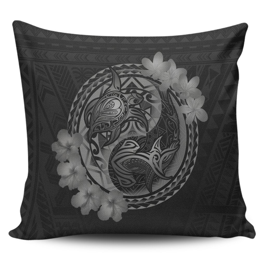 Hawaii Yin Yang Turtle Shark Hibiscus Plumeria Pillow Covers - Gray - AH Pillow Covers Black - Polynesian Pride