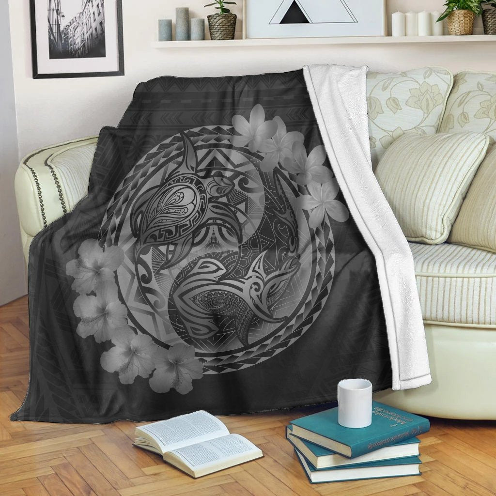 Hawaii Yin Yang Turtle Shark Hibiscus Plumeria Premium Blankets - Gray - AH White - Polynesian Pride