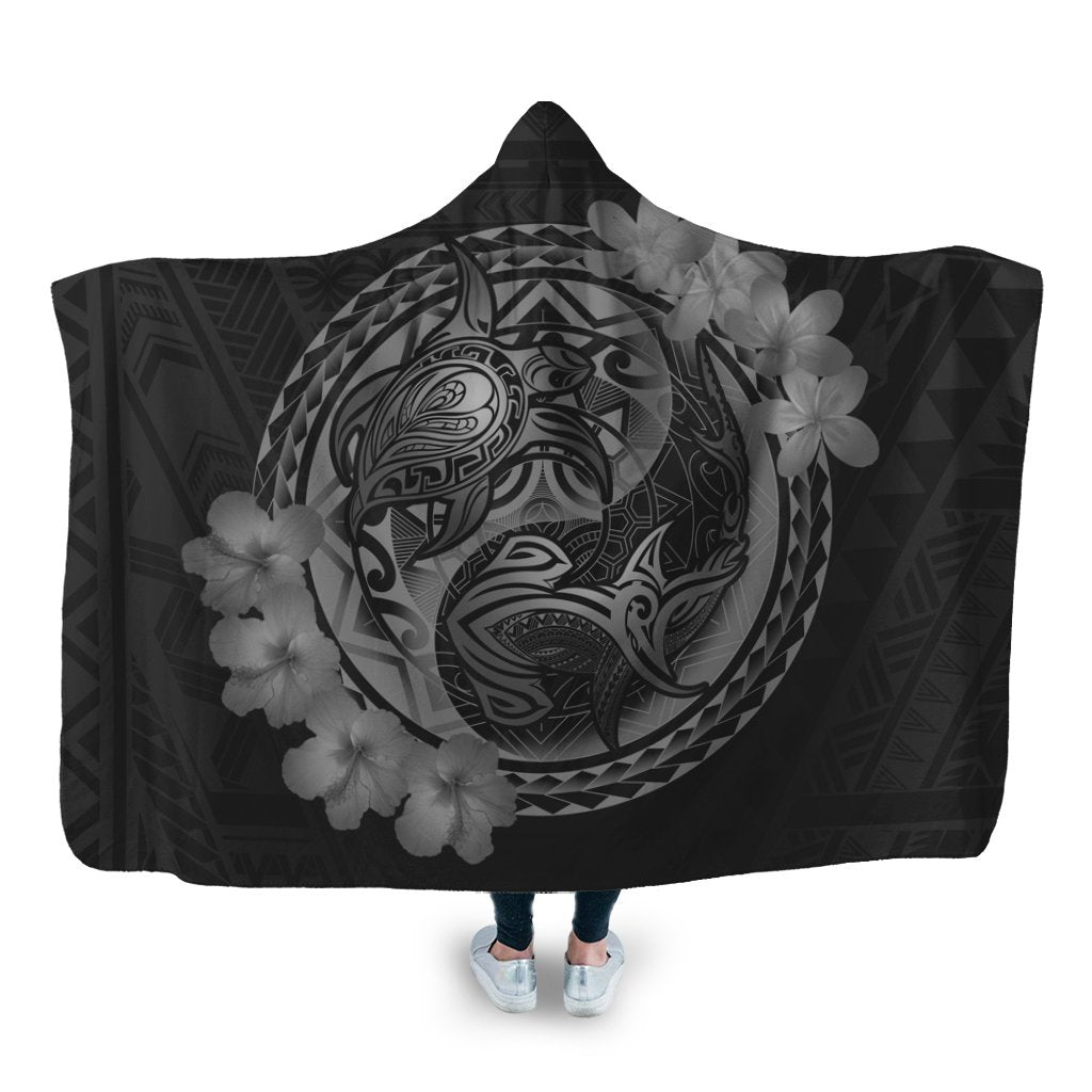 Hawaii Yin Yang Turtle Shark Hibiscus Plumeria Hooded Blanket - Gray - AH Hooded Blanket White - Polynesian Pride