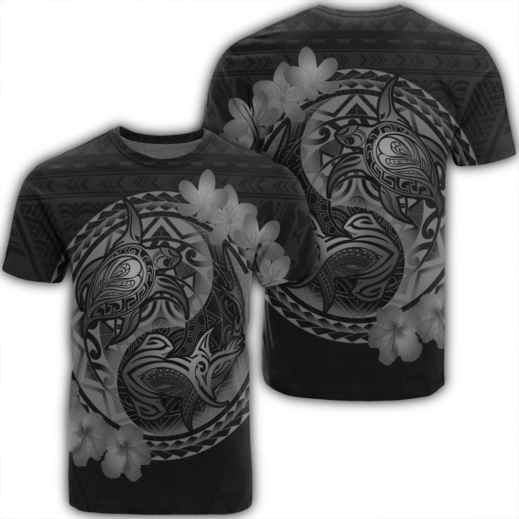 Hawaii Yin Yang Turtle Shark Hibiscus Plumeria T Shirt Gray Unisex Black - Polynesian Pride