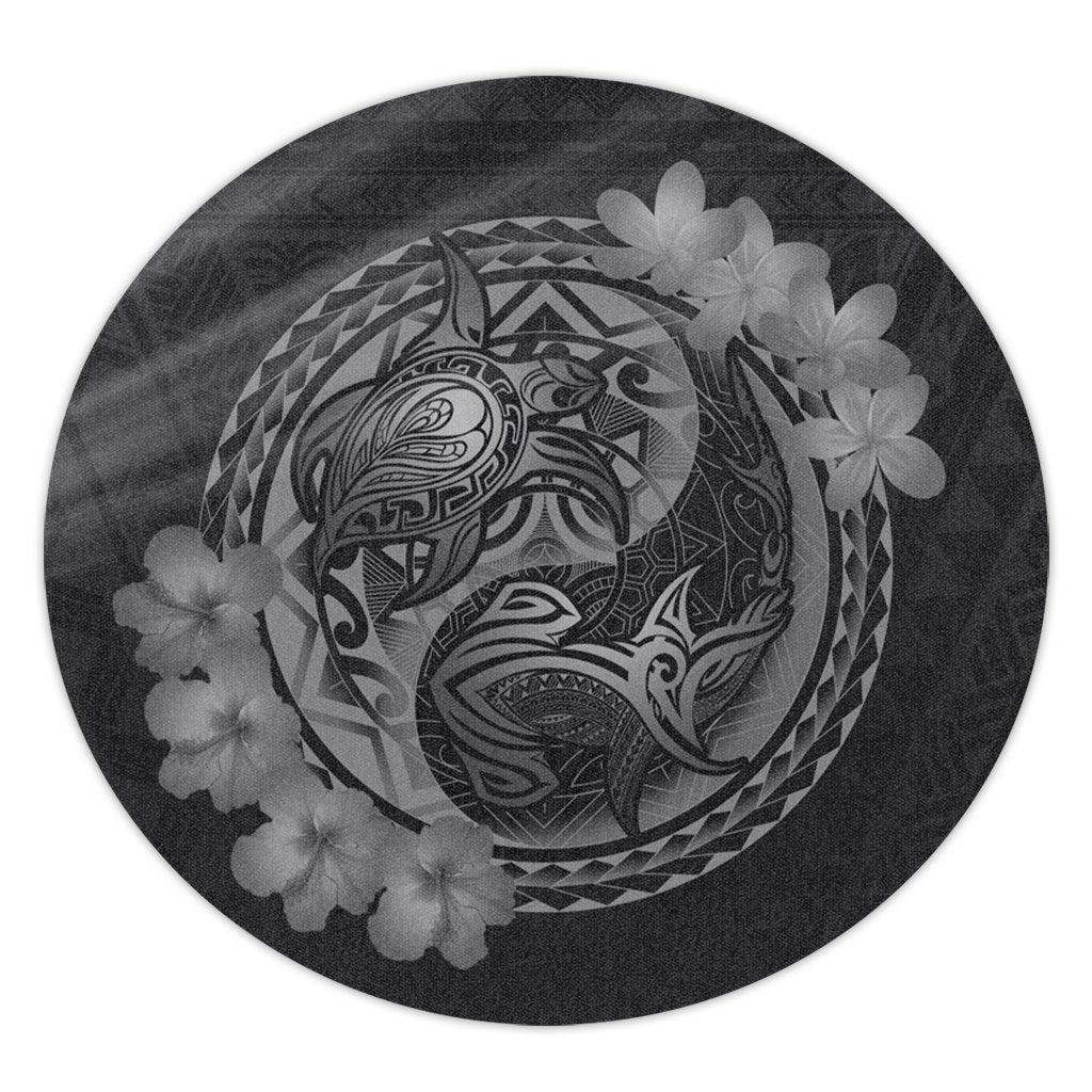 Hawaii Yin Yang Turtle Shark Hibiscus Plumeria Round Carpet - Gray - AH Round Carpet Luxurious Plush - Polynesian Pride