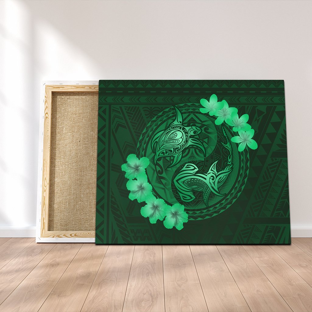Hawaii Yin Yang Turtle Shark Hibiscus Plumeria Canvas - Green - AH Canvas Poly-cotton - Polynesian Pride