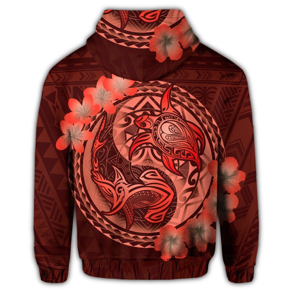 Hawaii Yin Yang Turtle Shark Hibiscus Plumeria Zip Hoodie Orange - Polynesian Pride