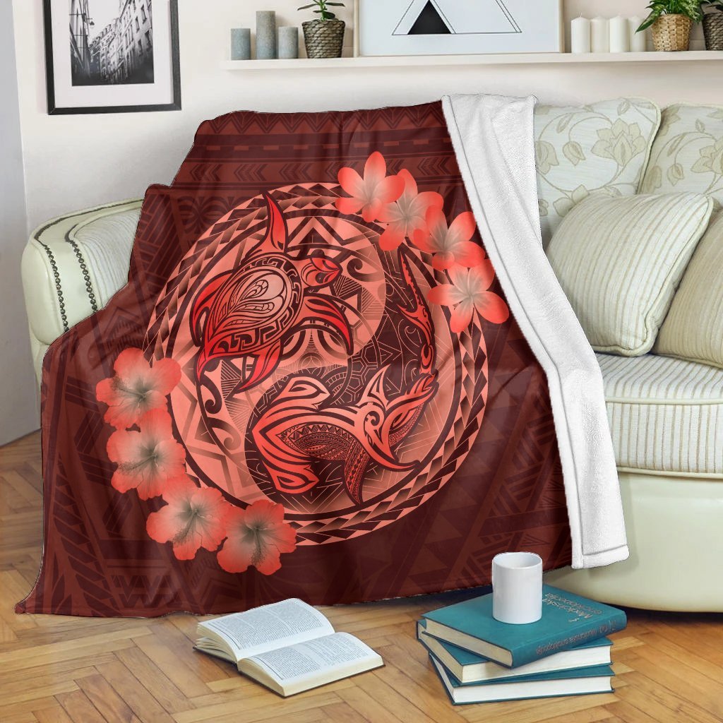 Hawaii Yin Yang Turtle Shark Hibiscus Plumeria Premium Blankets - Orange - AH White - Polynesian Pride