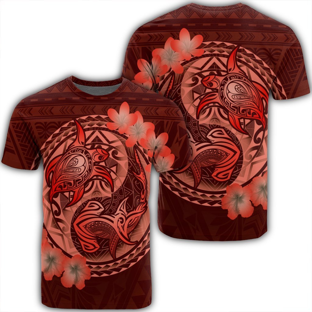 Hawaii Yin Yang Turtle Shark Hibiscus Plumeria T Shirt Orange Unisex Black - Polynesian Pride