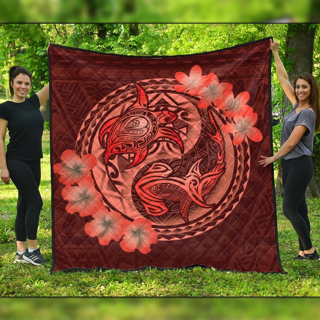 Hawaii Yin Yang Turtle Shark Hibiscus Plumeria Premium Quilts - Orange - AH Black - Polynesian Pride