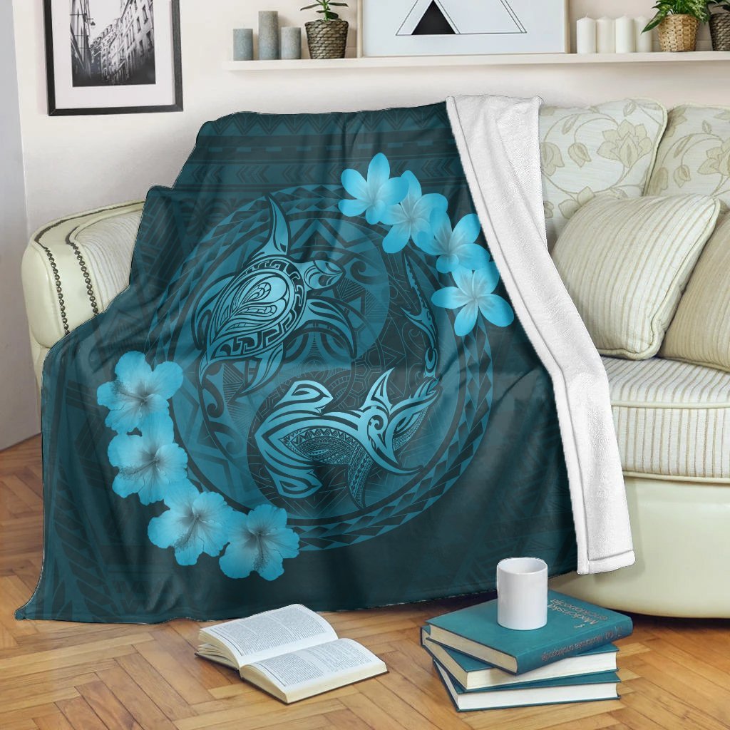 Hawaii Yin Yang Turtle Shark Hibiscus Plumeria Premium Blankets - Pastel - AH White - Polynesian Pride