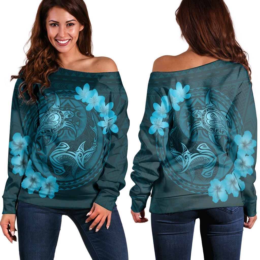 Hawaii Yin Yang Turtle Shark Hibiscus Plumeria Women's Off Shoulder Sweater - Pastel - AH Black - Polynesian Pride