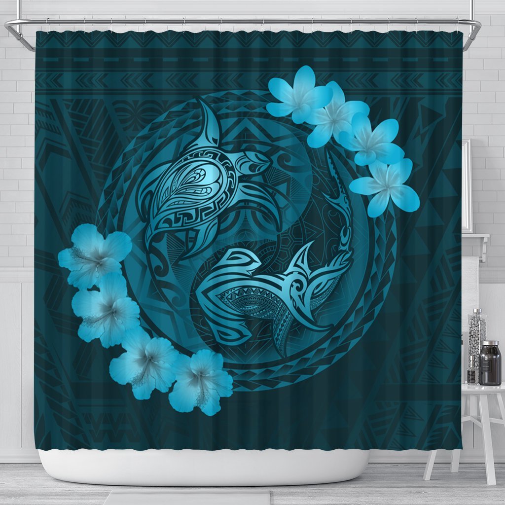 Hawaii Yin Yang Turtle Shark Hibiscus Plumeria Shower Curtain - Pastel - AH 177 x 172 (cm) Black - Polynesian Pride