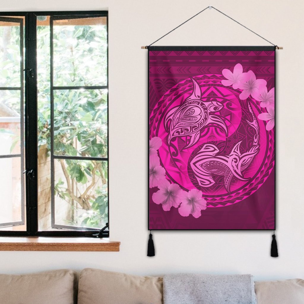 Hawaii Yin Yang Turtle Shark Hibiscus Plumeria Hanging Poster - Pink - AH - Polynesian Pride