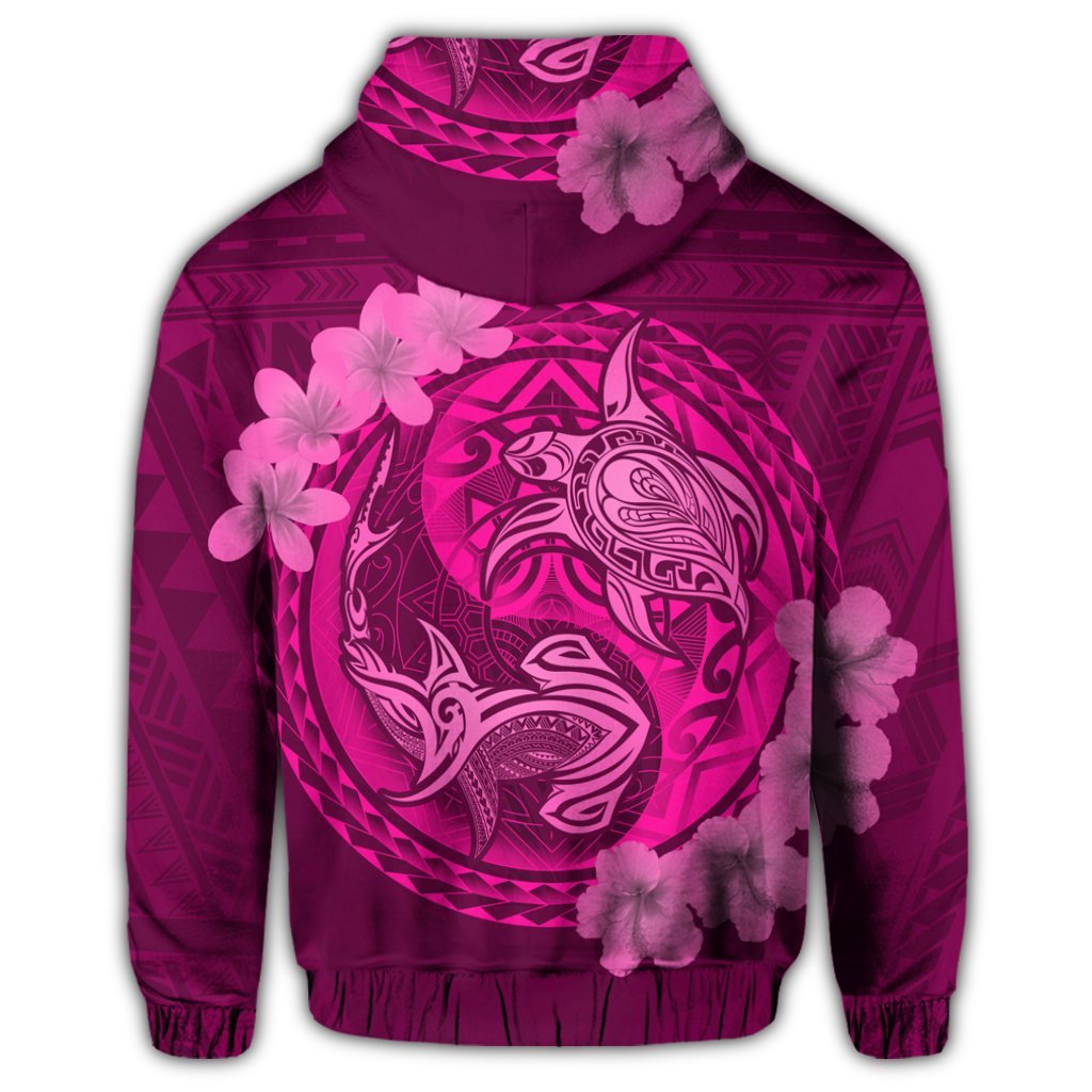 Hawaiian Yin Yang Turtle Shark Hibiscus Plumeria Hoodie Pink - Polynesian Pride
