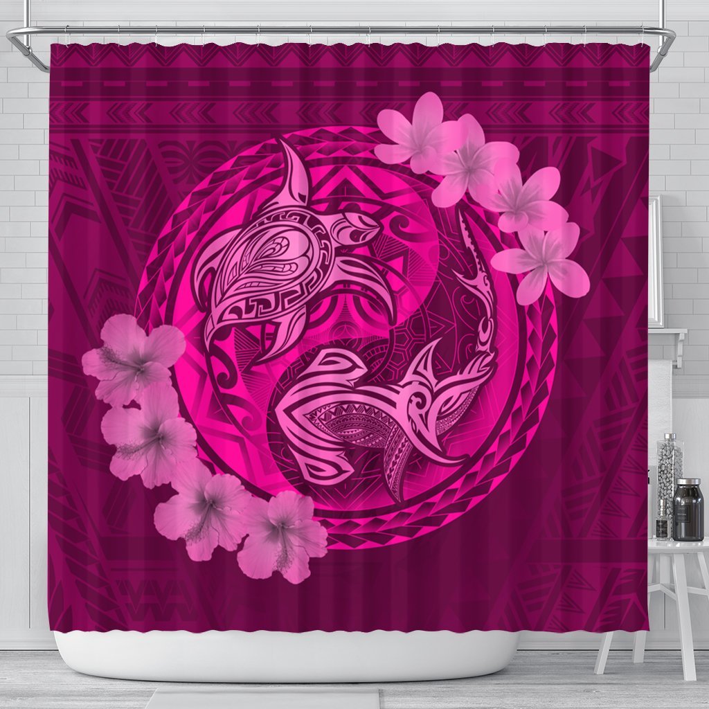 Hawaii Yin Yang Turtle Shark Hibiscus Plumeria Shower Curtain - Pink - AH 177 x 172 (cm) Black - Polynesian Pride