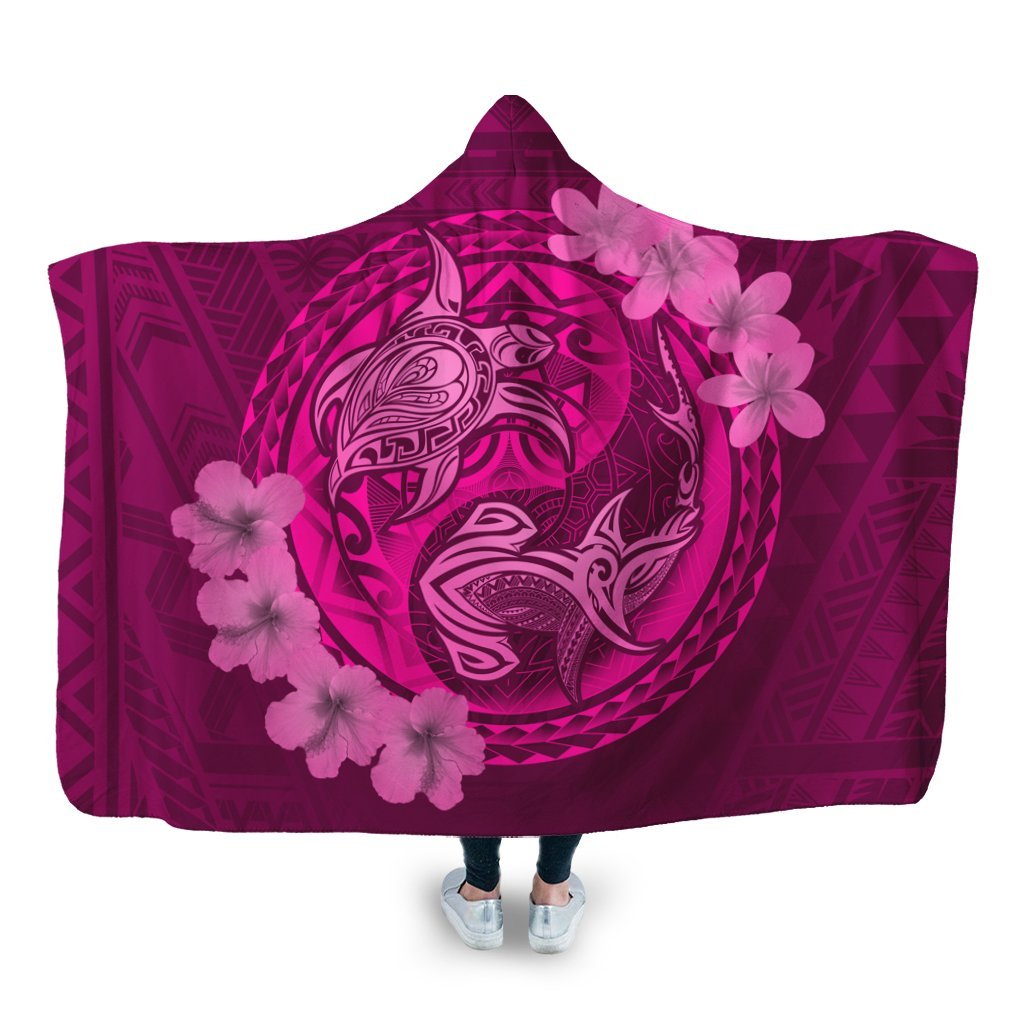 Hawaii Yin Yang Turtle Shark Hibiscus Plumeria Hooded Blanket - Pink - AH Hooded Blanket White - Polynesian Pride