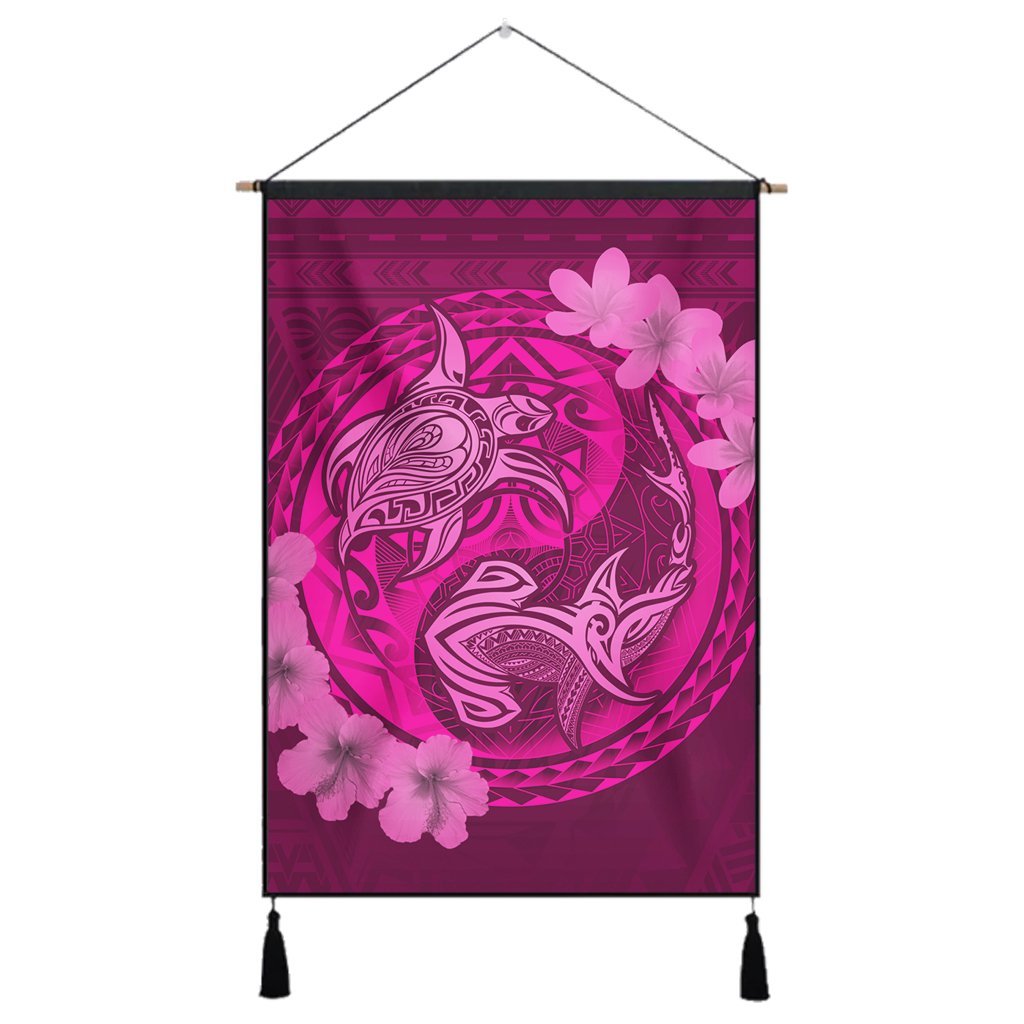 Hawaii Yin Yang Turtle Shark Hibiscus Plumeria Hanging Poster - Pink - AH Hanging Poster Cotton And Linen - Polynesian Pride