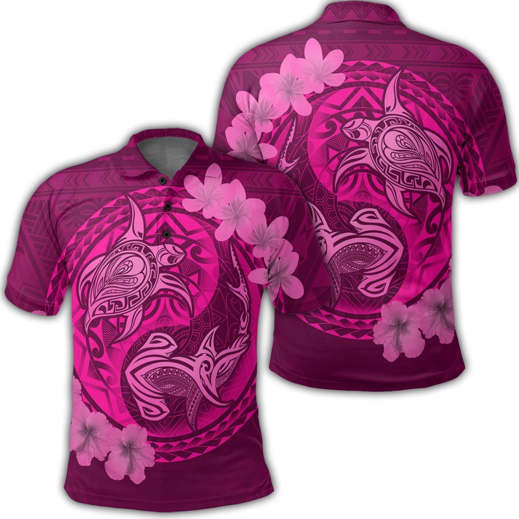 Hawaii Yin Yang Turtle Shark Hibiscus Plumeria Polo Shirt Pink Unisex Black - Polynesian Pride