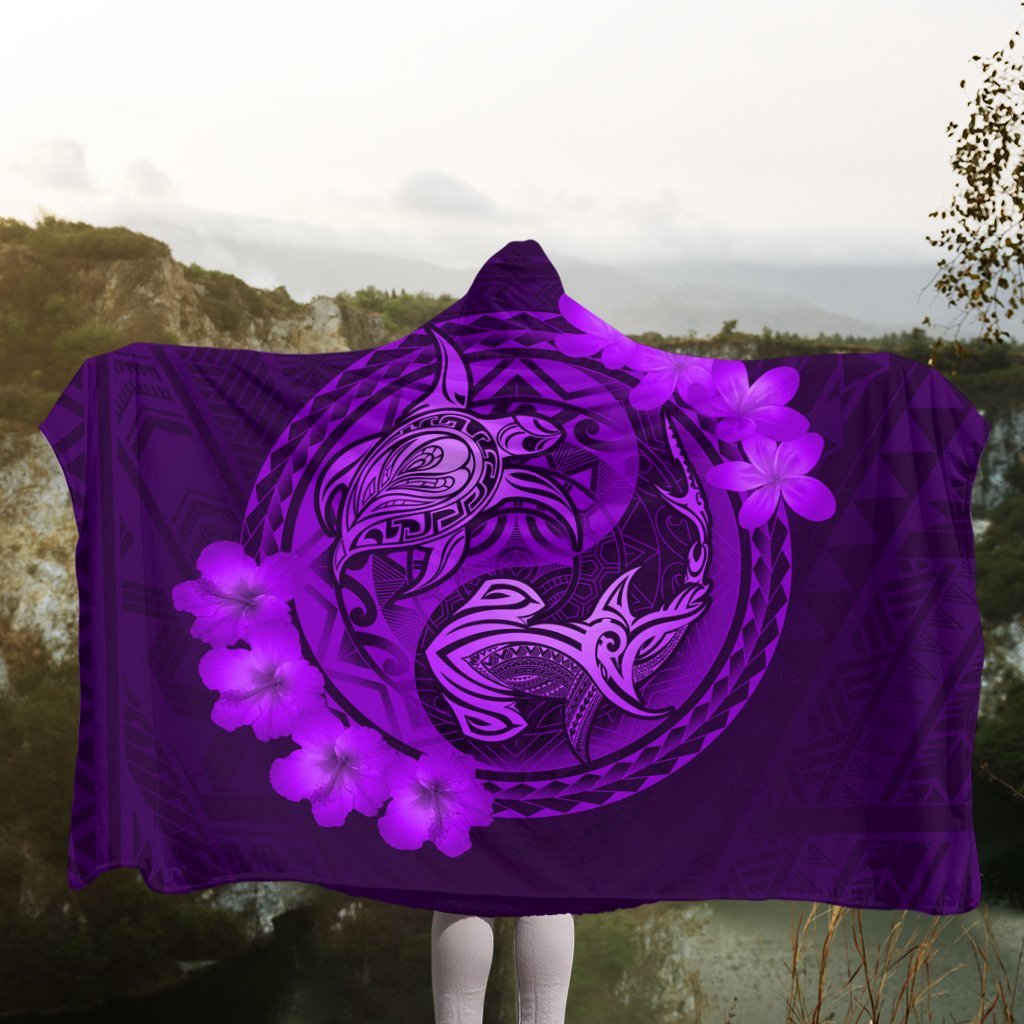 Hawaii Yin Yang Turtle Shark Hibiscus Plumeria Hooded Blanket - Purple - AH - Polynesian Pride