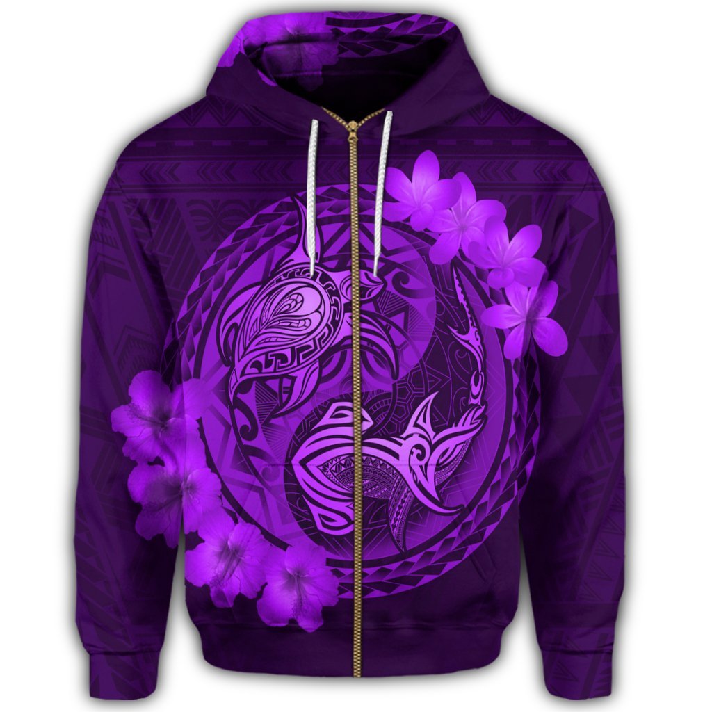 Hawaii Yin Yang Turtle Shark Hibiscus Plumeria Zip Hoodie Purple - Polynesian Pride