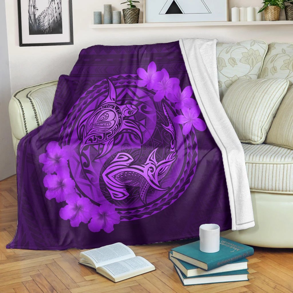 Hawaii Yin Yang Turtle Shark Hibiscus Plumeria Premium Blankets - Purple - AH White - Polynesian Pride