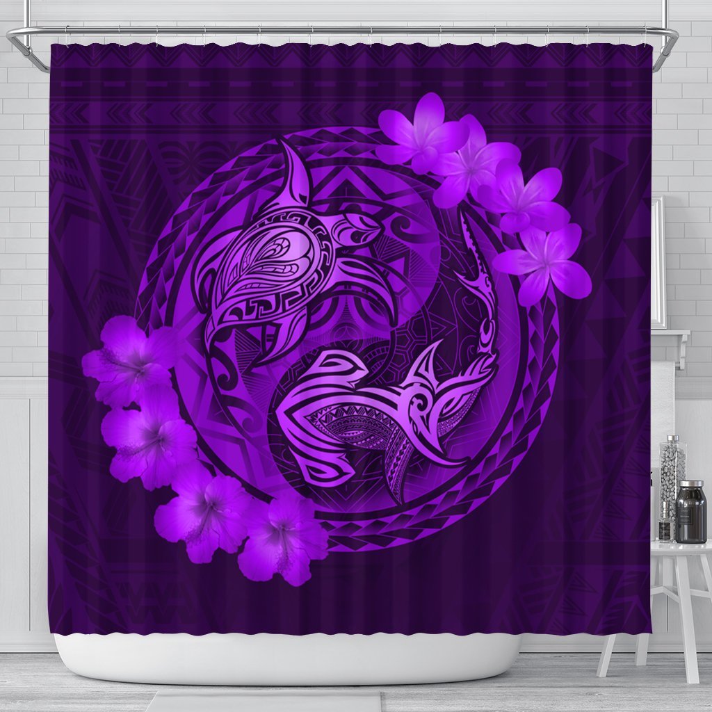 Hawaii Yin Yang Turtle Shark Hibiscus Plumeria Shower Curtain - Purple - AH 177 x 172 (cm) Black - Polynesian Pride