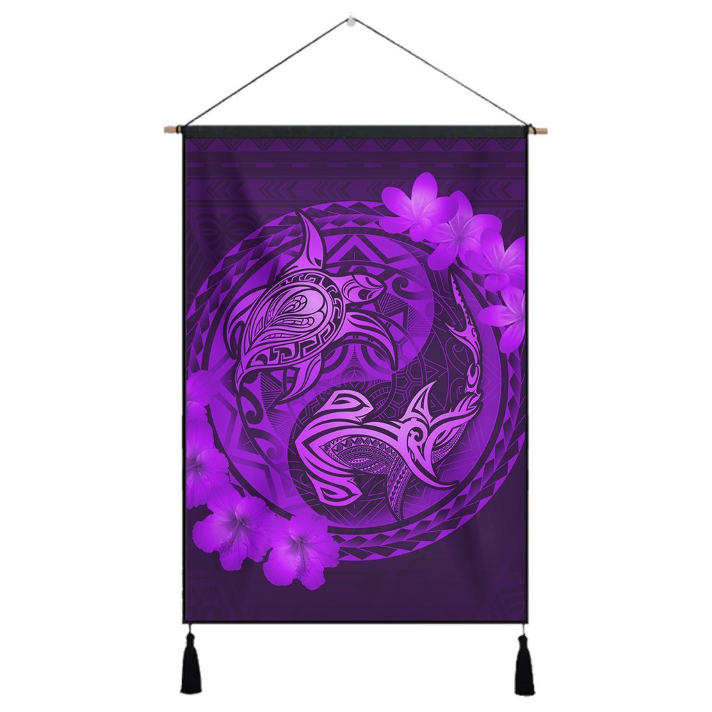 Hawaii Yin Yang Turtle Shark Hibiscus Plumeria Hanging Poster - Purple - AH Hanging Poster Cotton And Linen - Polynesian Pride