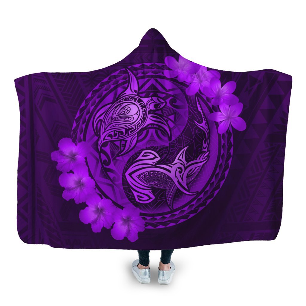 Hawaii Yin Yang Turtle Shark Hibiscus Plumeria Hooded Blanket - Purple - AH Hooded Blanket White - Polynesian Pride